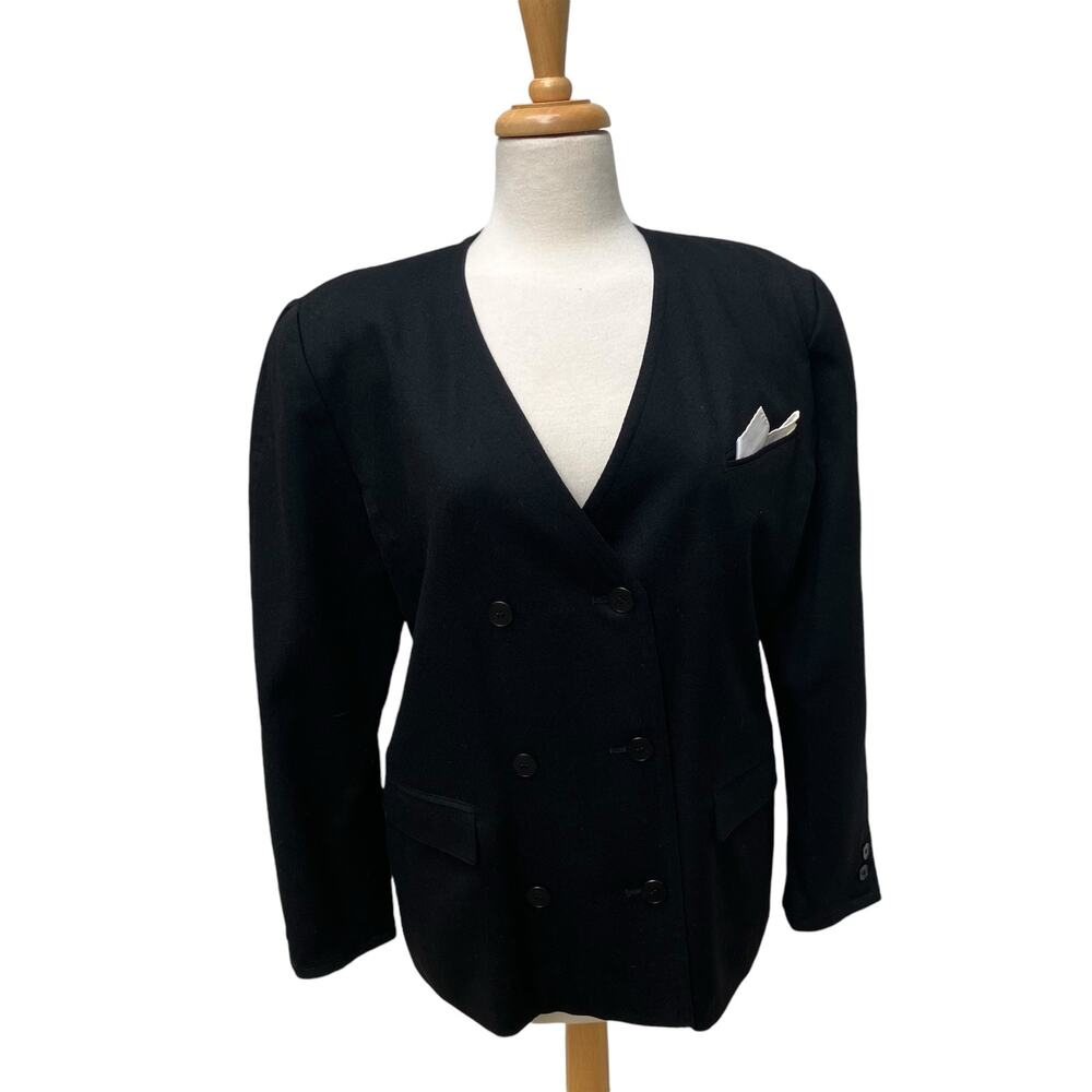 Vtg‎ Mondi Blazer Jacket Sz 40/8 Black Double Breasted V Neck Wool Careerwear